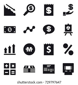 16 vector icon set : crisis, dollar magnifier, receipt, investment, money, graph, money message, presentation, graph up, crypto currency, percent, calculator, atm