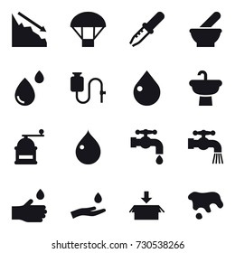 16 vector icon set : crisis, parachute, drop, hand mill, water tap, hand drop, hand and drop, package, spot