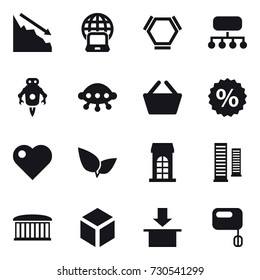 16 vector icon set : crisis, notebook globe, hex molecule, structure, jet robot, ufo, basket, percent, heart, building, skyscrapers, airport building, 3d