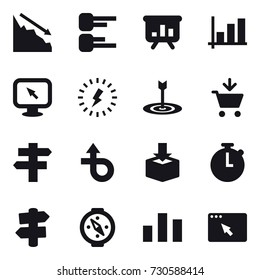 16 vector icon set : crisis, diagram, presentation, graph, monitor arrow, lightning, target, add to cart, singlepost, signpost, compass