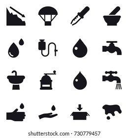 16 vector icon set : crisis, parachute, drop, water tap, hand mill, hand drop, hand and drop, package, spot
