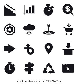 16 vector icon set : crisis, graph, stopwatch, dollar arrow, around gear, cloud wireless, target, add to cart, right arrow, signpost