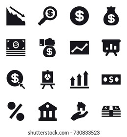 16 vector icon set : crisis, dollar magnifier, dollar, money bag, money, money gift, statistic, presentation, dollar arrow, graph up, percent, library, real estate