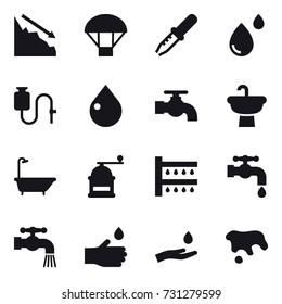 16 vector icon set : crisis, parachute, drop, water tap, bath, hand mill, watering, hand drop, hand and drop, spot