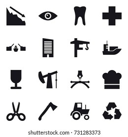 16 vector icon set : crisis, drawbridge, skyscraper, tower crane, cook hat, scissors, axe, tractor, recycling