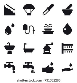 16 vector icon set : crisis, parachute, fountain, drop, bath, hand mill, watering, water tap, hand drop, hand and drop
