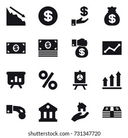 16 vector icon set : crisis, dollar, investment, money bag, money, money gift, statistic, presentation, percent, graph up, hand coin, library, real estate