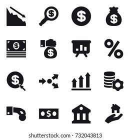 16 vector icon set : crisis, dollar magnifier, dollar, money bag, money, money gift, presentation, percent, dollar arrow, core splitting, graph up, virtual mining, hand coin, library, real estate