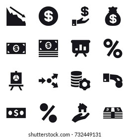 16 vector icon set : crisis, dollar, investment, money bag, money, presentation, percent, core splitting, virtual mining, hand coin, real estate