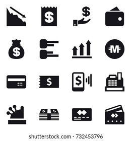 16 vector icon set : crisis, receipt, investment, wallet, money bag, diagram, graph up, crypto currency, credit card, mobile pay, cashbox