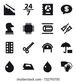 16 vector icon set : crisis, 24/7, annual report, money message, chess horse, chip, nanotube, barn, drop, iron, wiping