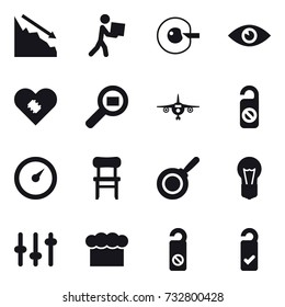 16 vector icon set : crisis, courier, cell corection, plane, do not distrub, barometer, chair, pan, chef  hat, please clean