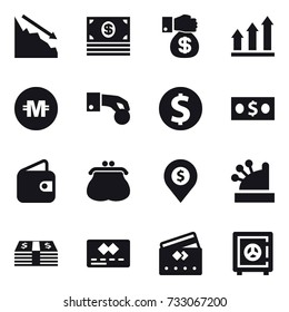 16 vector icon set : crisis, money, money gift, graph up, crypto currency, hand coin, dollar coin, wallet, purse, dollar pin, cashbox, credit card, safe