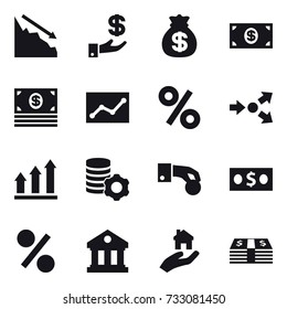 16 vector icon set : crisis, investment, money bag, money, statistic, percent, core splitting, graph up, virtual mining, hand coin, library, real estate