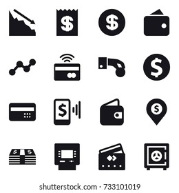 16 vector icon set : crisis, receipt, dollar, wallet, graph, tap to pay, hand coin, dollar coin, credit card, mobile pay, dollar pin, atm, safe