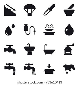16 vector icon set : crisis, parachute, fountain, drop, water tap, bath, hand mill, package, spot
