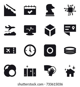16 vector icon set : crisis, calendar, chess horse, chip, weather management, 3d, ticket, watch, ring button, inflatable pool, clean  window, wiping, house cleaning