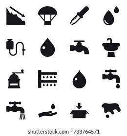 16 vector icon set : crisis, parachute, drop, water tap, hand mill, watering, hand and drop, package, spot