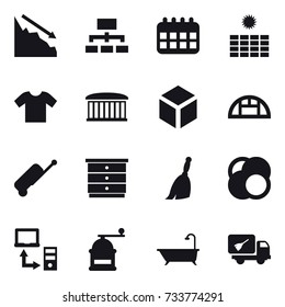 16 vector icon set : crisis, hierarchy, calendar, sun power, t-shirt, airport building, 3d, greenhouse, suitcase, chest of drawers, broom, hand mill, bath, home call cleaning
