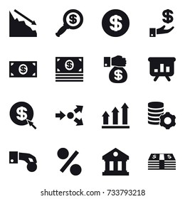 16 vector icon set : crisis, dollar magnifier, dollar, investment, money, money gift, presentation, dollar arrow, core splitting, graph up, virtual mining, hand coin, percent, library