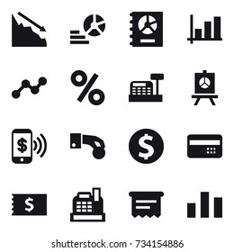 16 vector icon set : crisis, diagram, annual report, graph, percent, cashbox, presentation, phone pay, hand coin, dollar coin, credit card, receipt, atm receipt