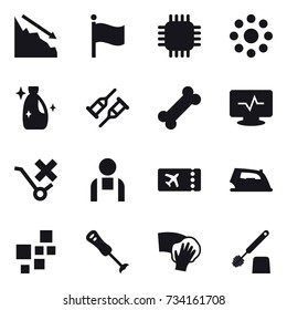 16 vector icon set : crisis, flag, chip, round around, cleanser, ticket, iron, wiping, toilet brush