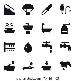 16 vector icon set : crisis, parachute, fountain, bath, hand mill, watering, drop, water tap, hand drop, hand and drop, package, spot