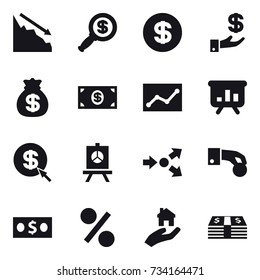 16 vector icon set : crisis, dollar magnifier, dollar, investment, money bag, money, statistic, presentation, dollar arrow, core splitting, hand coin, percent, real estate