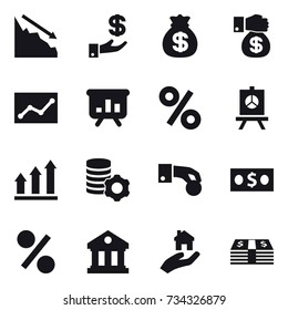 16 vector icon set : crisis, investment, money bag, money gift, statistic, presentation, percent, graph up, virtual mining, hand coin, money, library, real estate