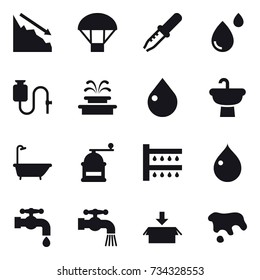 16 vector icon set : crisis, parachute, fountain, drop, bath, hand mill, watering, water tap, package, spot