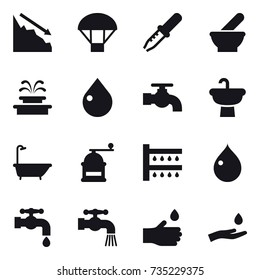 16 vector icon set : crisis, parachute, fountain, drop, water tap, bath, hand mill, watering, hand drop, hand and drop