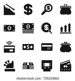 16 vector icon set : crisis, dollar, dollar magnifier, purse, money, dollar arrow, graph up, tap to pay, credit card, cashbox, atm