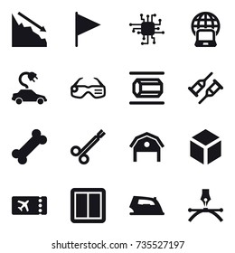 16 vector icon set : crisis, flag, chip, notebook globe, electric car, smart glasses, nanotube, barn, 3d, ticket, power switch, iron
