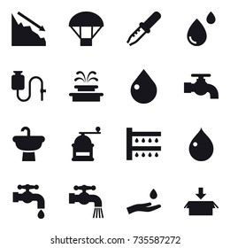 16 vector icon set : crisis, parachute, fountain, drop, water tap, hand mill, watering, hand and drop, package