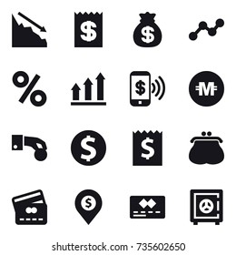 16 vector icon set : crisis, receipt, money bag, graph, percent, graph up, phone pay, crypto currency, hand coin, dollar coin, purse, credit card, dollar pin, safe