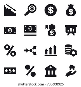 16 vector icon set : crisis, dollar magnifier, dollar, money bag, money, money gift, presentation, percent, core splitting, graph up, virtual mining, library, real estate