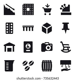 16 vector icon set : crisis, cpu, add to cart, cashbox, bridge, 3d, passport, camera, rocking chair, measuring cup, coffee seeds, barrel, hand dryer