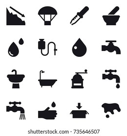 16 vector icon set : crisis, parachute, drop, water tap, bath, hand mill, hand drop, package, spot