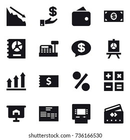 16 vector icon set : crisis, investment, wallet, money, annual report, cashbox, money message, presentation, graph up, receipt, percent, calculator, atm, credit card