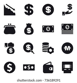 16 vector icon set : crisis, dollar, investment, purse, money bag, money, money gift, dollar arrow, virtual mining, crypto currency, dollar coin, wallet, atm
