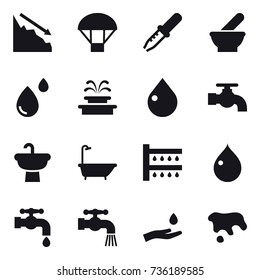 16 vector icon set : crisis, parachute, fountain, drop, water tap, bath, watering, hand and drop, spot