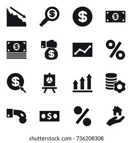 16 vector icon set : crisis, dollar magnifier, dollar, money, money gift, statistic, percent, dollar arrow, presentation, graph up, virtual mining, hand coin, real estate