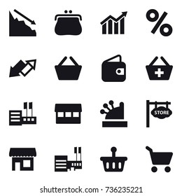 16 vector icon set : crisis, purse, diagram, percent, up down arrow, basket, wallet, add to basket, store, market, cashbox, store signboard, shop, mall, cart
