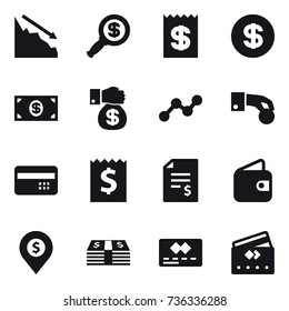 16 vector icon set : crisis, dollar magnifier, receipt, dollar, money, money gift, graph, hand coin, credit card, account balance, wallet, dollar pin