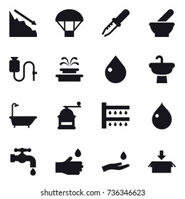 16 vector icon set : crisis, parachute, fountain, drop, bath, hand mill, watering, water tap, hand drop, hand and drop, package