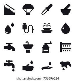 16 vector icon set : crisis, parachute, fountain, drop, water tap, hand mill, watering, hand drop, hand and drop, spot