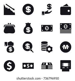 16 vector icon set : crisis, dollar, investment, wallet, purse, money bag, money, money gift, dollar arrow, virtual mining, crypto currency, dollar coin, atm