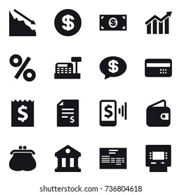 16 vector icon set : crisis, dollar, money, diagram, percent, cashbox, money message, credit card, receipt, account balance, mobile pay, wallet, purse, library, atm