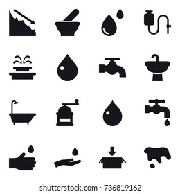 16 vector icon set : crisis, fountain, drop, water tap, bath, hand mill, hand drop, hand and drop, package, spot