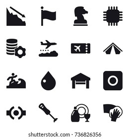 16 vector icon set : crisis, flag, chess horse, chip, virtual mining, weather management, ticket, tent, surfer, drop, garage, ring button, dish cleanser, wiping
